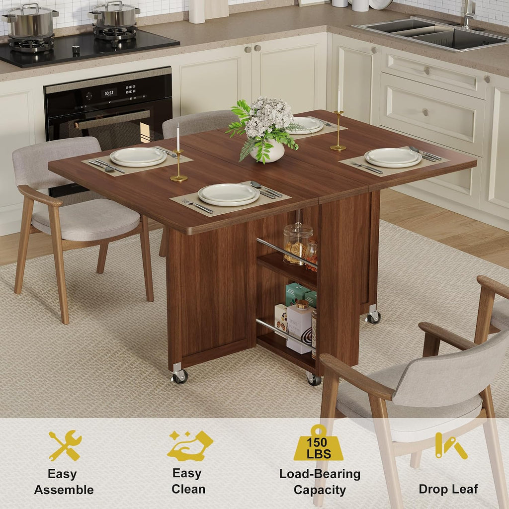 52.7" Folding Dining Table with 6 Wheels, Foldable Dining Table with Drawer, Shelves and Wine Racks, Drop Leaf Table for Small Spaces, Suitable for Kitchen, Dining Room, Apartment (Walnut)