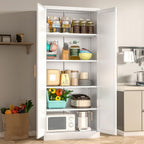 71" Tall White Metal Pantry Cabinet, Freestanding Storage Cupboard with Doors & 4 Adjustable Shelves, for Kitchen, Dining Room & Living Room