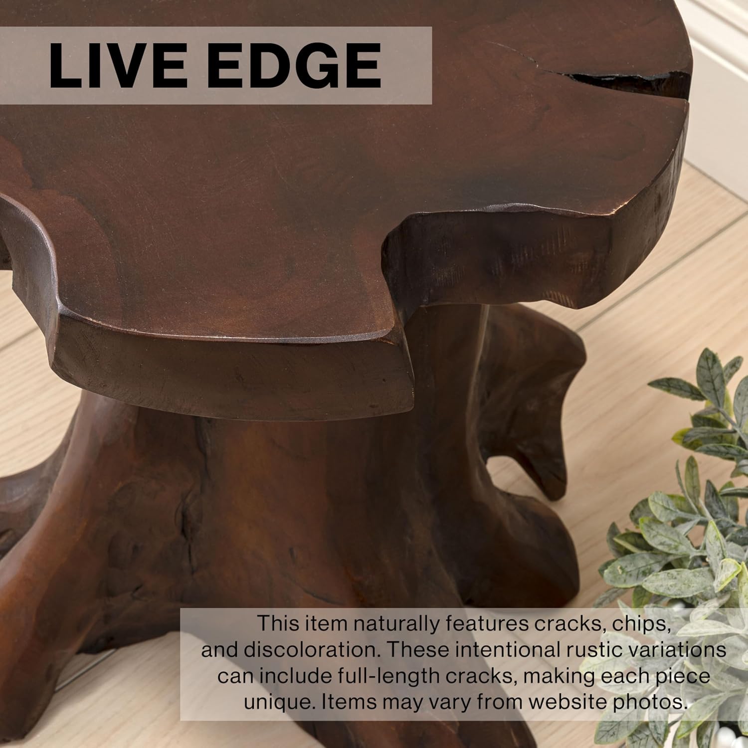 JONATHAN Y Amara Handcrafted Solid Teak Wood Live Edge Tree Stump Stool, 16" Rustic Accent Side Table and Decorative Indoor Plant Stand, Dark Brown STL3000B