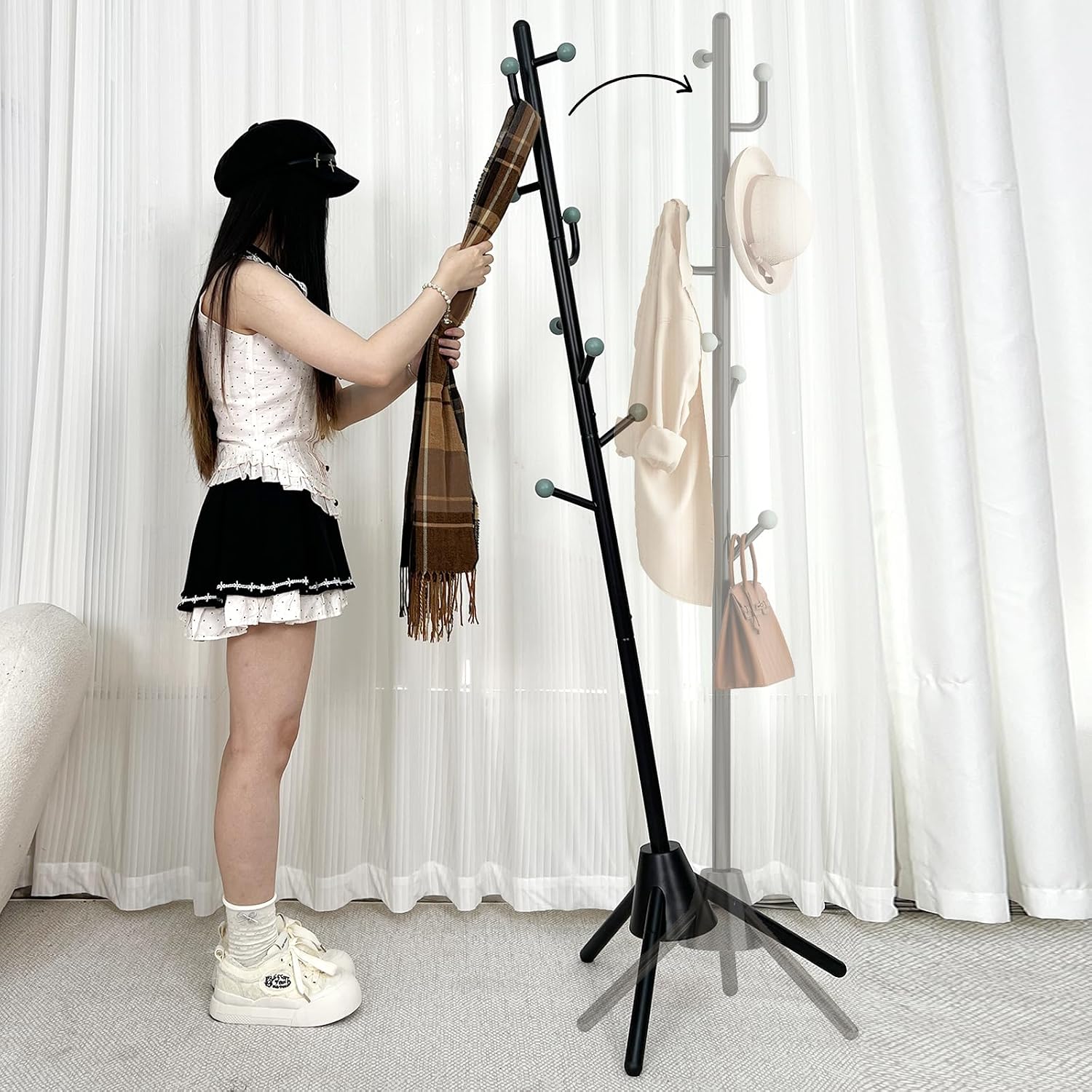 Heavy Duty Anti-Tip Coat Rack with 8LB Stable Weighted Base, [80LB Load Tested] Metal Standing Tree with 8 Hooks, 3-Height Adjustable Space Saving Clothes Organizer for Entryway, Bedroom, Office