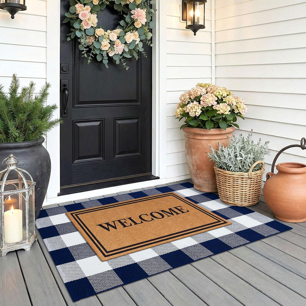 KOZYFLY Buffalo Plaid Area Rugs 2.3x3.6 Ft Blue and White Rug Washable Front Door Mat Woven Cotton Indoor Outdoor Rug for Front Porch Kitchen Entryway Patio Farmhouse Checkered Doormat