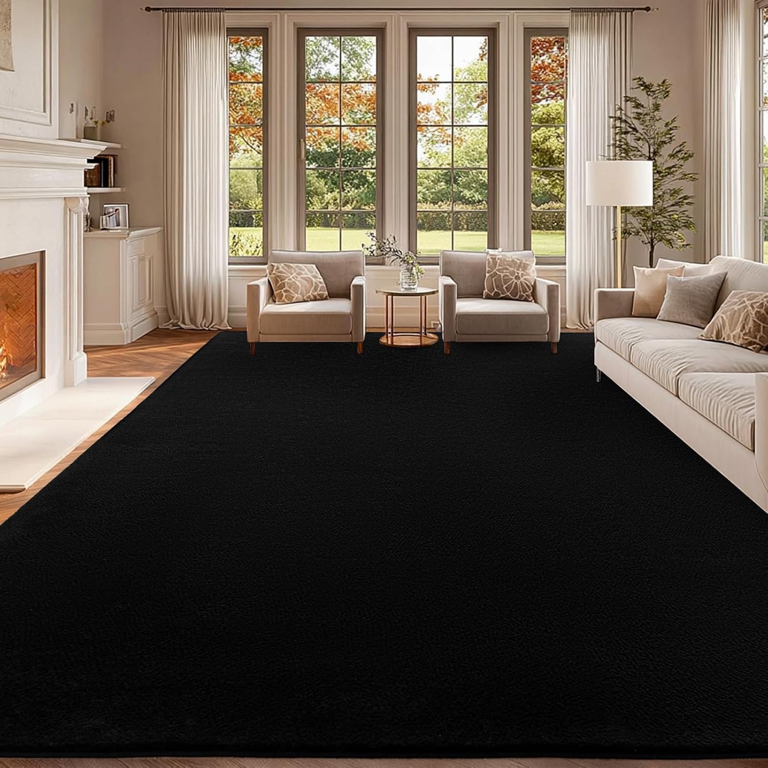 qulint Black Rug for Living Room, 8x10 Washable Rug for Bedroom with Thickened Memory-Foam, Modern Minimalist Large Carpet Solid Comfy Non Slip Carpet for College Dorm Dining Room Classroom Home Decor