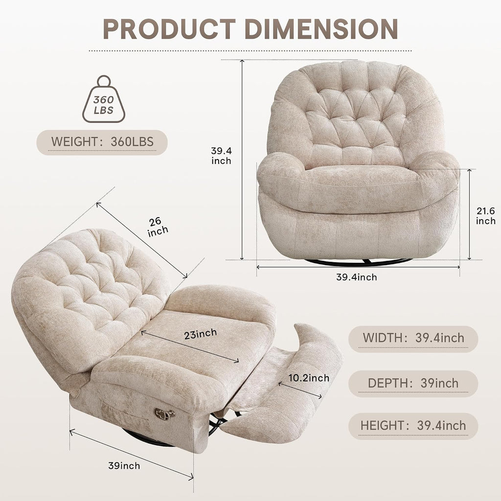Swivel Rocker Recliner Chair,Oversized Swivel Rocking Sofa | Large Glider Recliner with Phone Holder for Living Room,Chenille,Cream Beige