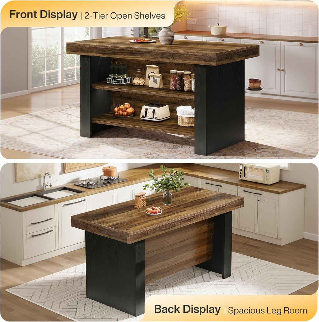 Tribesigns 55-Inch Kitchen Island with Storage, Farmhouse Center Island Table for Kitchen, Dining Room, Living Room, Brown & Black