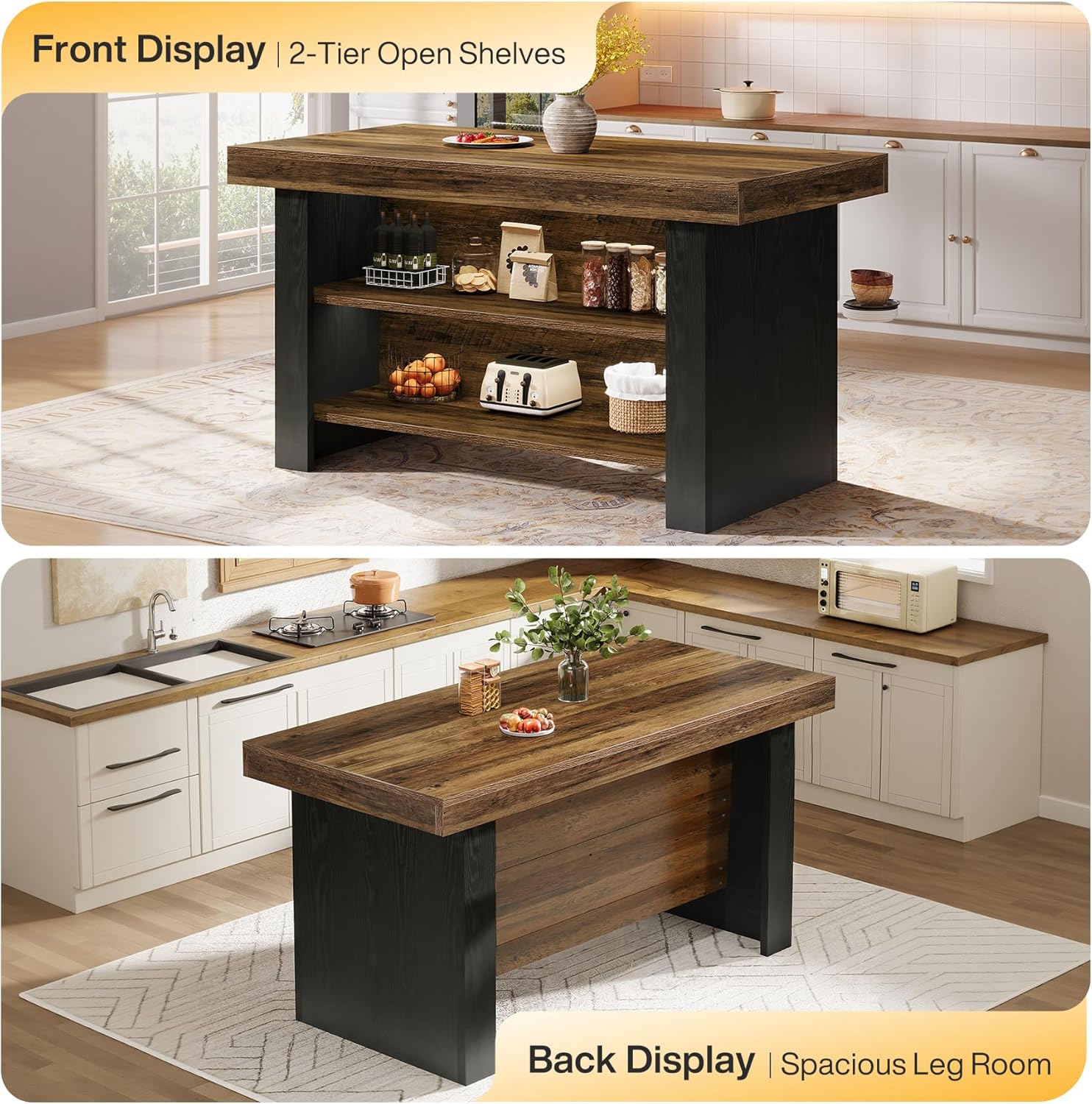 Tribesigns 55-Inch Kitchen Island with Storage, Farmhouse Center Island Table for Kitchen, Dining Room, Living Room, Brown & Black