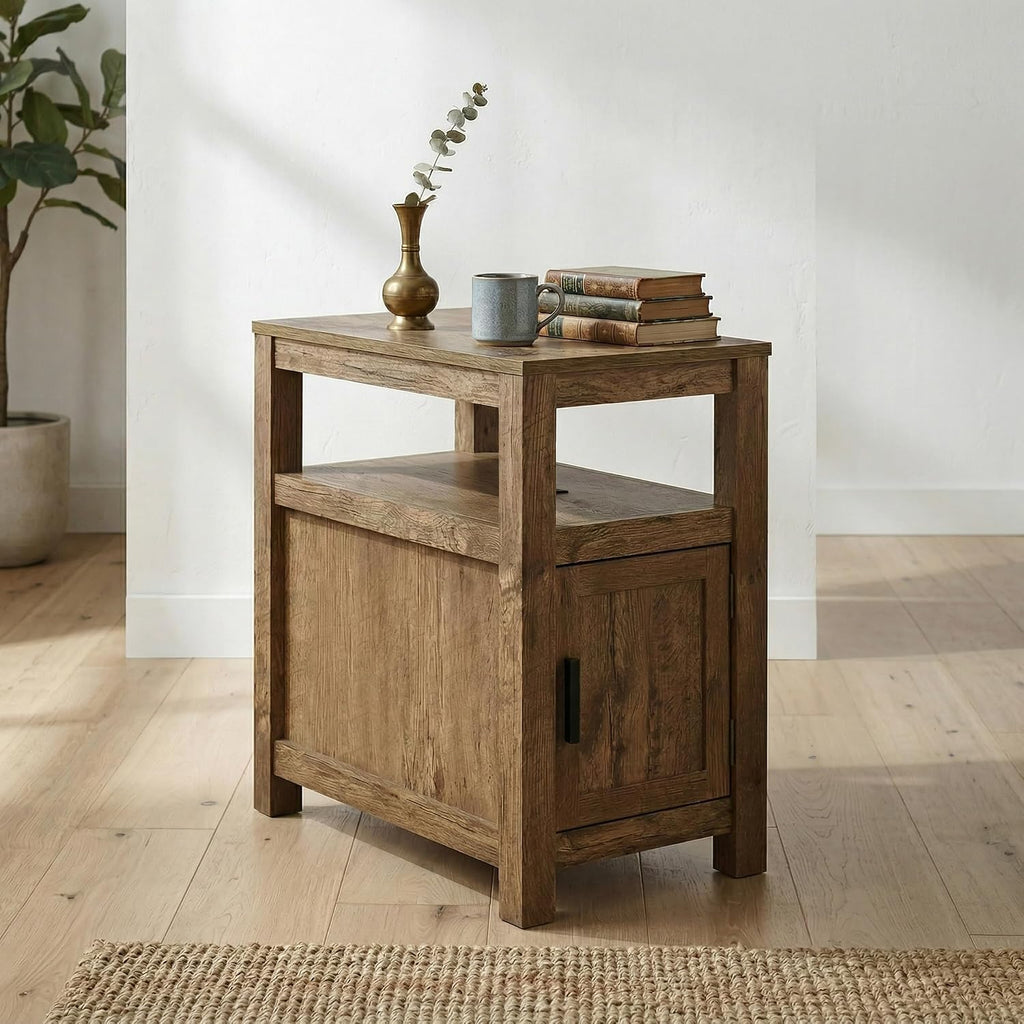 Signature Design by Ashley Fendenmore Farmhouse Chairside End Table with Storage and USB Ports, Dark Brown