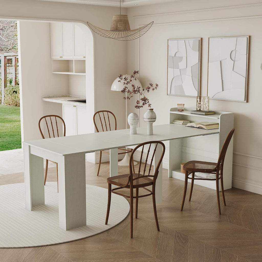 Transformer Dining Table, Extendable Console to Dining Table for 9, Folding Space Saving Dining Room Table Multipurpose Use, White