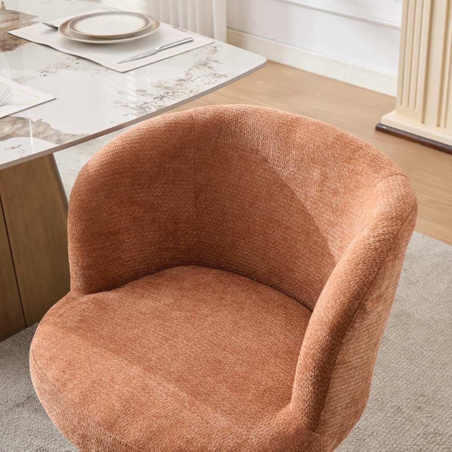 Adjustable Height 360° Swivel Bar Stool, Modern Chenille Upholstered Round Dining Chair, Ergonomic Accent Vanity Chair for Kitchen Island Bedroom Pub (Orange)