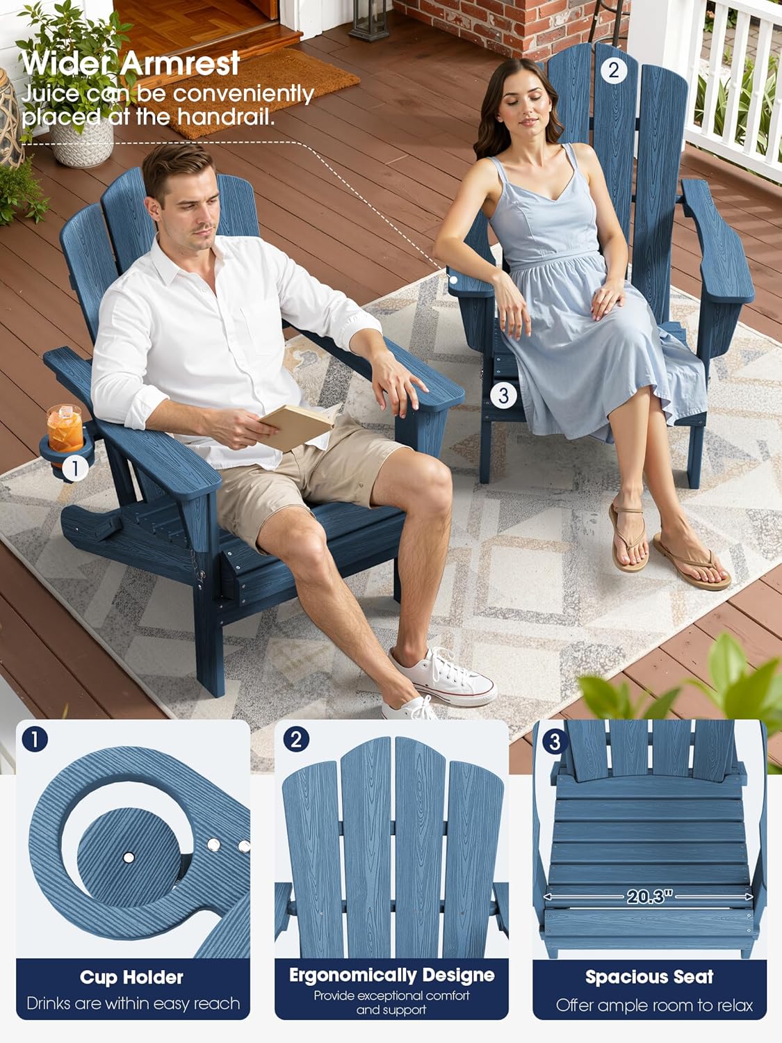 KINGYES Folding Adirondack Chair Set of 2, HDPE All-Weather Patio Chairs with Cup Holder, Wooden Textured Fire Pit Chairs for Poolside, Backyard, Deck, Navy