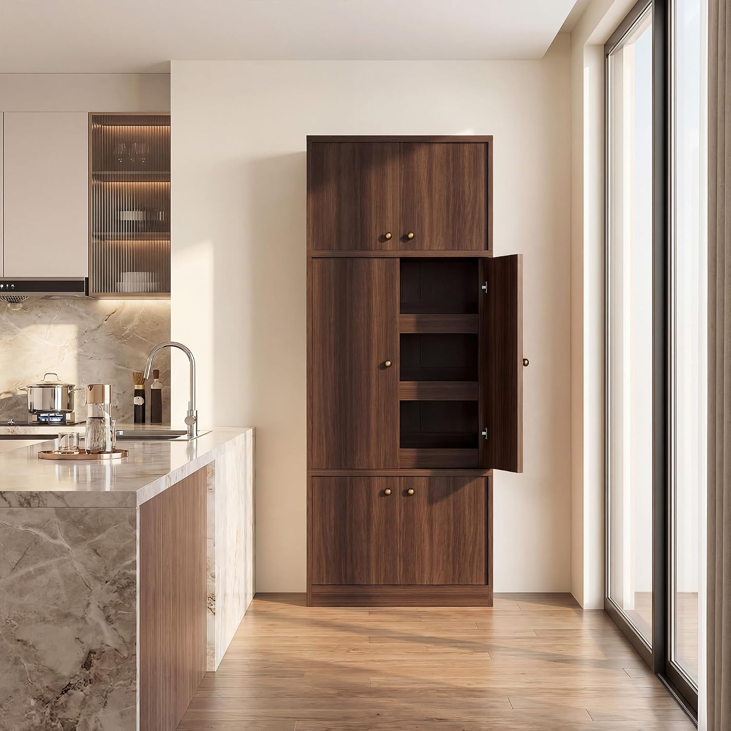 Tall Kitchen Pantry Cabinet 71 Inch, Freestanding Storage Cabinet with Doors and Adjustable Shelves, E1-Grade Wood, Walnut Finish for Kitchen Pantry Storage