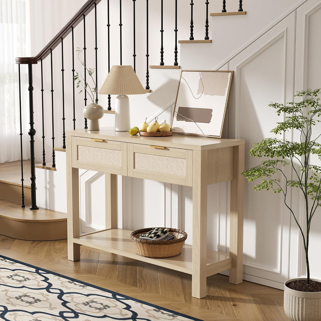 Boho Chic Console Table with 2 Rattan Drawers and Open Shelf Storage, Narrow Farmhouse Sofa Table for Small Space Entryway, Living Room,Hallway,Natural