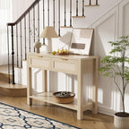 Boho Chic Console Table with 2 Rattan Drawers and Open Shelf Storage, Narrow Farmhouse Sofa Table for Small Space Entryway, Living Room,Hallway,Natural