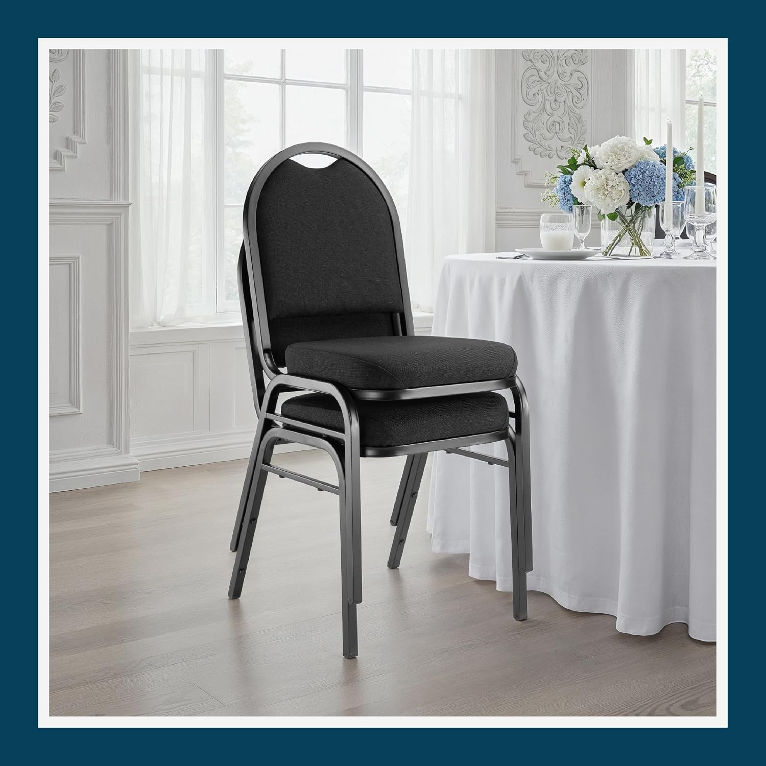 OEF Furnishings OEF9260-BT/2 Commercial-Grade Dome Back Banquet Stack Chair (Black Fabric, Black Powder-Coated Frame, 2-Pack)
