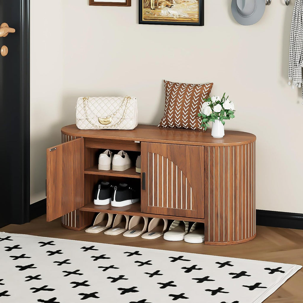 Shoe Storage Bench with Doors and Adjustable Shelf, 2-Tier Entryway Bench with Storage, Wooden Modern Shoe Cabinet Organizer for Entryway, Hallway, Living Room