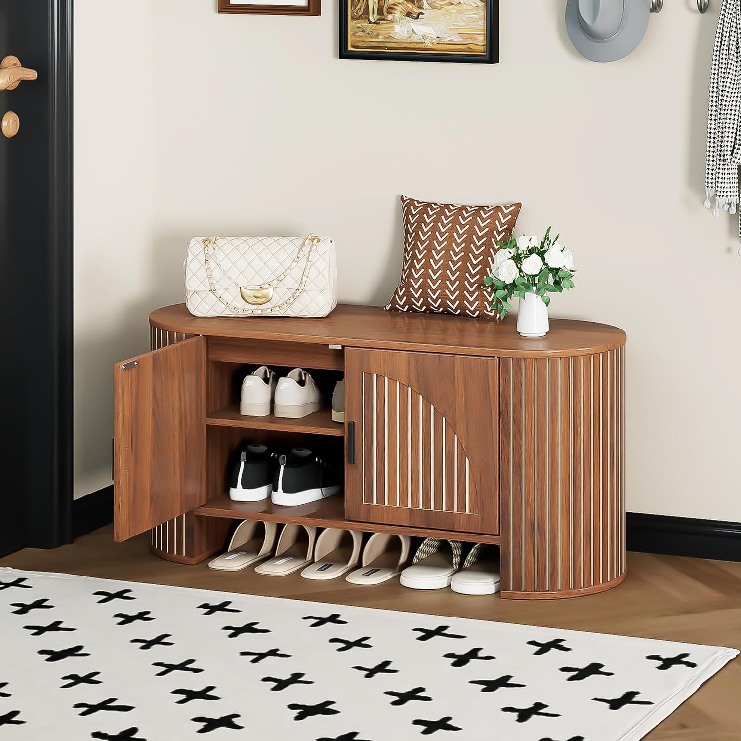 Shoe Storage Bench with Doors and Adjustable Shelf, 2-Tier Entryway Bench with Storage, Wooden Modern Shoe Cabinet Organizer for Entryway, Hallway, Living Room