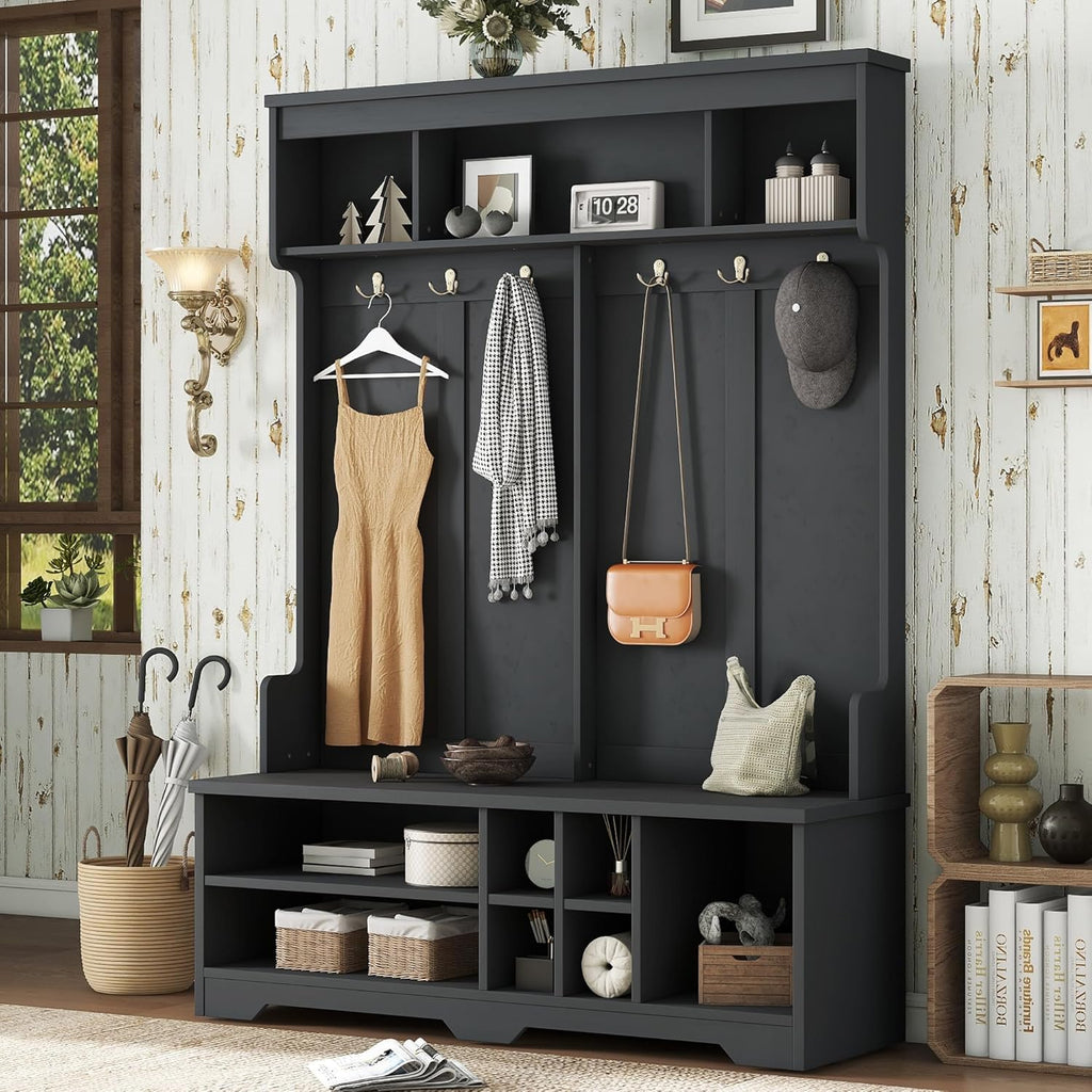 KEIKI Entryway Hall Tree with Bench and Shoe Storage, Coat Rack with 6 Hooks and Shoe Cubbies, Hall Tree Organizer Coat Rack with Shoe Storage for Entryway Hallway, Black