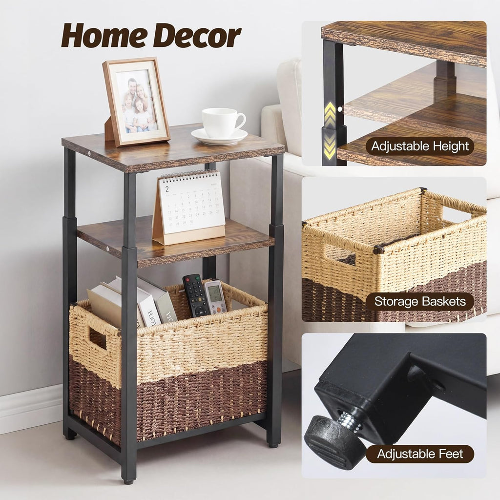 Side Table with Storage Basket, Small End Table with Modern Design and Adjustable Height for Living Room, Bedroom Nightstand Bedside Table for Small Spaces (Rustic Brown + Classic Black)