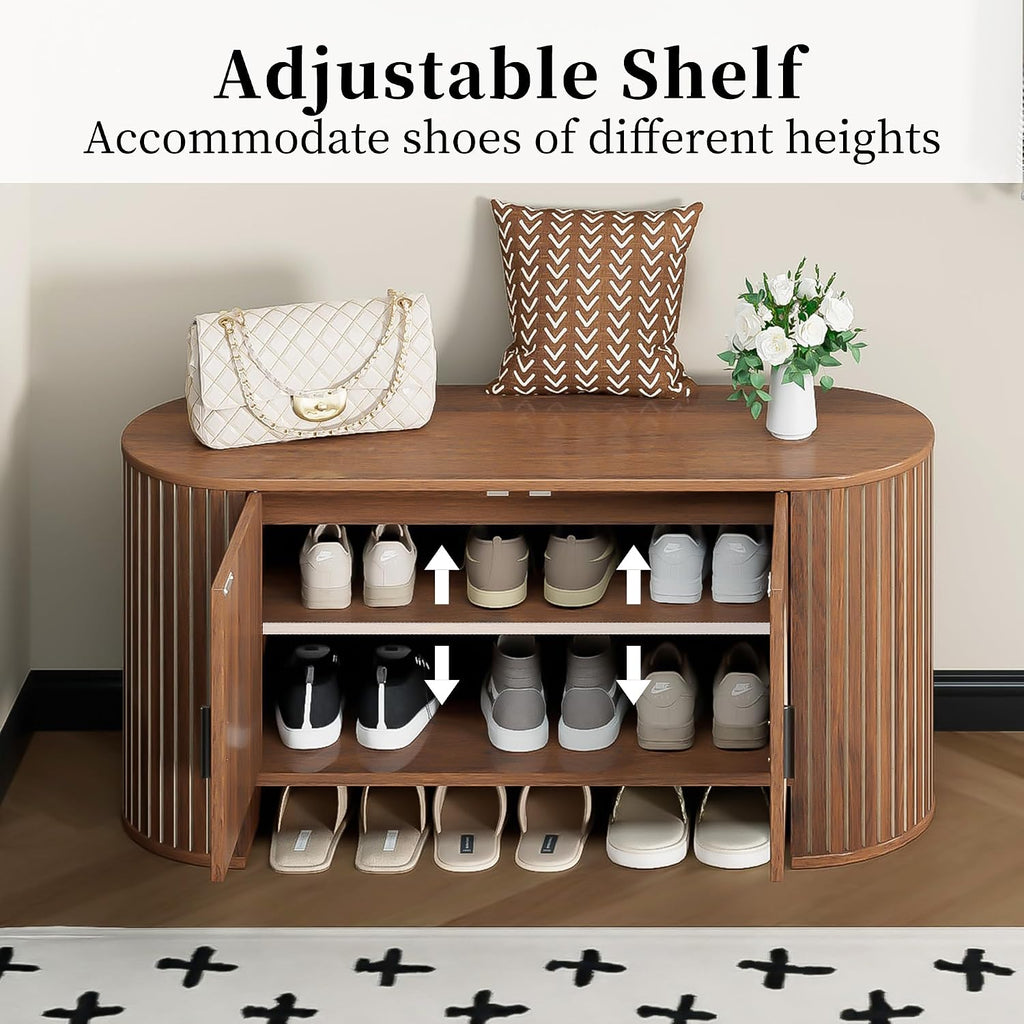 Shoe Storage Bench with Doors and Adjustable Shelf, 2-Tier Entryway Bench with Storage, Wooden Modern Shoe Cabinet Organizer for Entryway, Hallway, Living Room