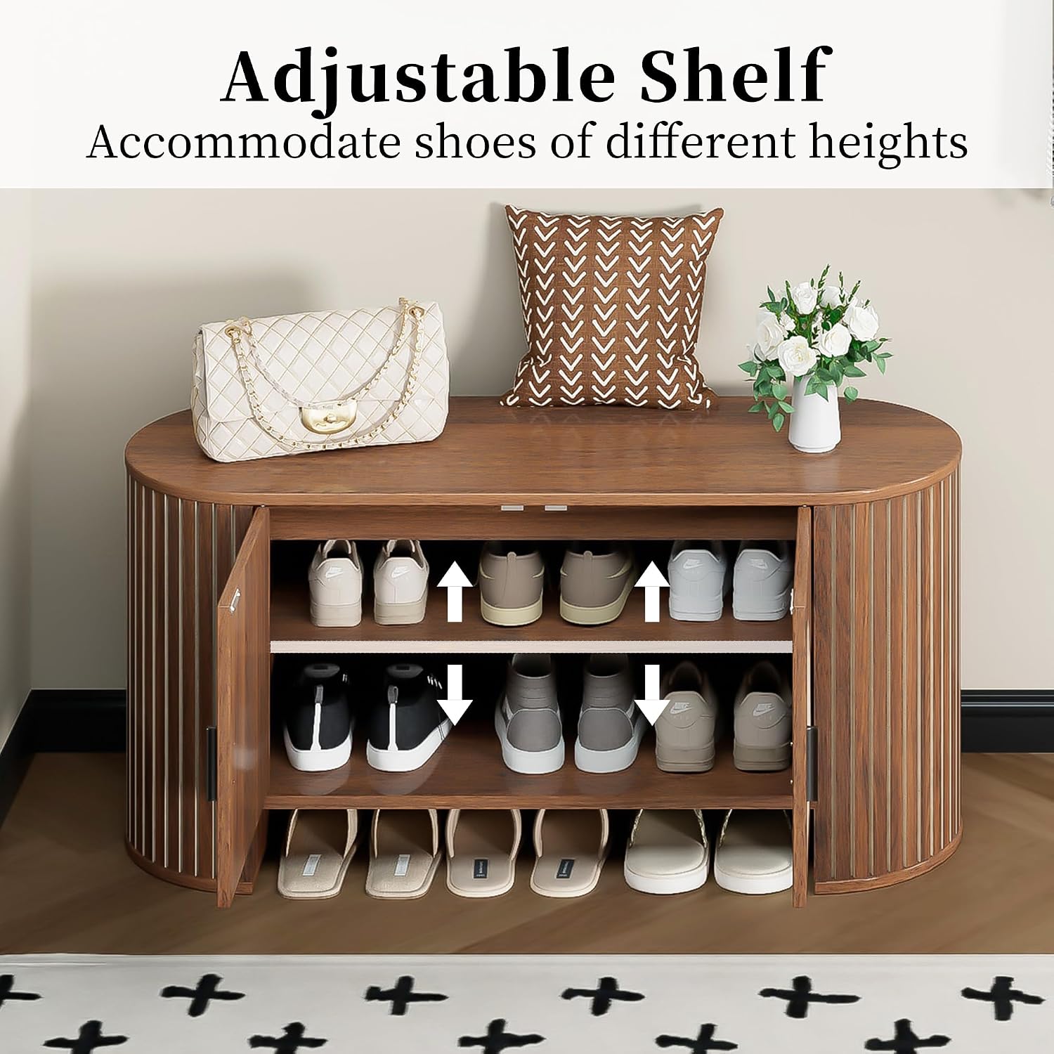 Shoe Storage Bench with Doors and Adjustable Shelf, 2-Tier Entryway Bench with Storage, Wooden Modern Shoe Cabinet Organizer for Entryway, Hallway, Living Room