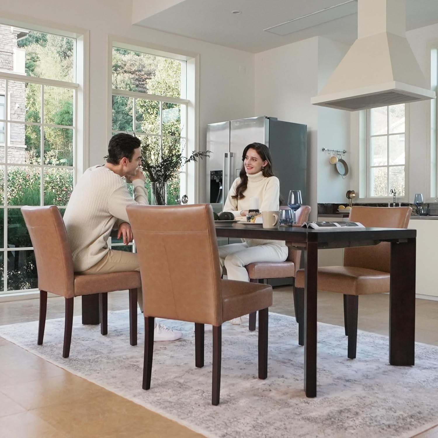 Watson & Whitely Upholstered Dining Chairs Set of 4, Faux Leather Armless Dining Room Chairs with Solid Wood Legs & Back Side Chair for Kitchen, Living Room, Restaurant, Saddle Brown