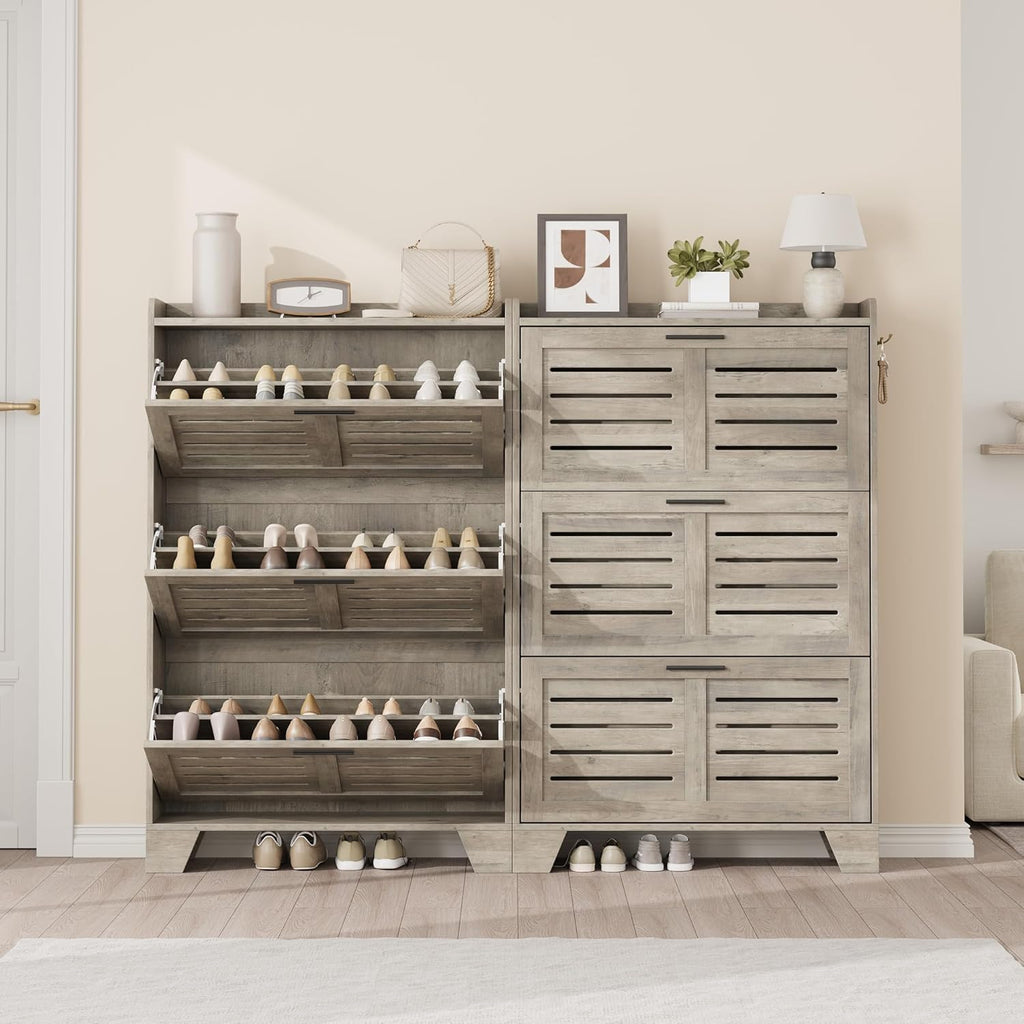 IDEALHOSUE Shoe Cabinet Storage for Entryway, Slim Shoe Storage Cabinet with 3 Flip Drawers, Freestanding Hidden Narrow Shoe Organizer Cabinet with Hooks for Entrance, Foyer, Hallway, Gray