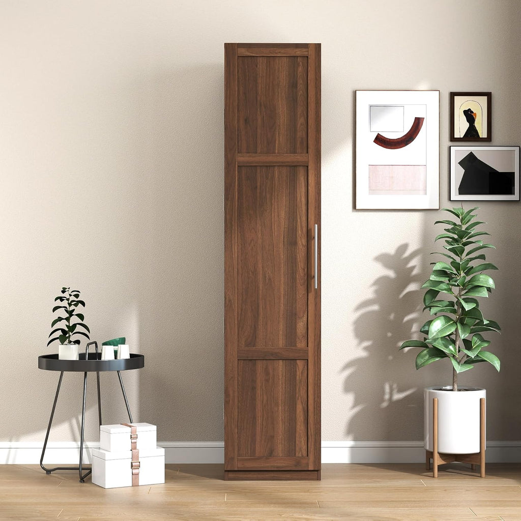 70" Tall Slim Pantry Cabinet with Side Racks & Adjustable Shelves (Walnut) | Space Saving Freestanding Slim Narrow Cabinet Single Door with Shelves & Racks for Kitchen Dining Room Small Spaces