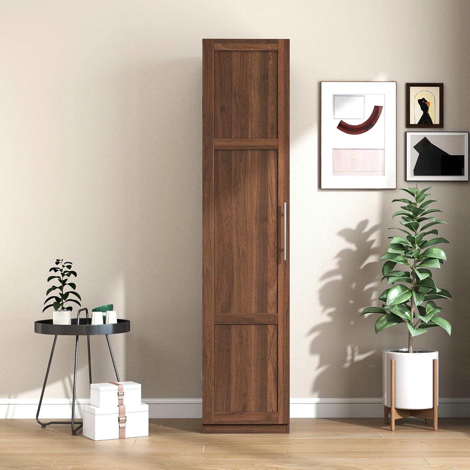 70" Tall Slim Pantry Cabinet with Side Racks & Adjustable Shelves (Walnut) | Space Saving Freestanding Slim Narrow Cabinet Single Door with Shelves & Racks for Kitchen Dining Room Small Spaces