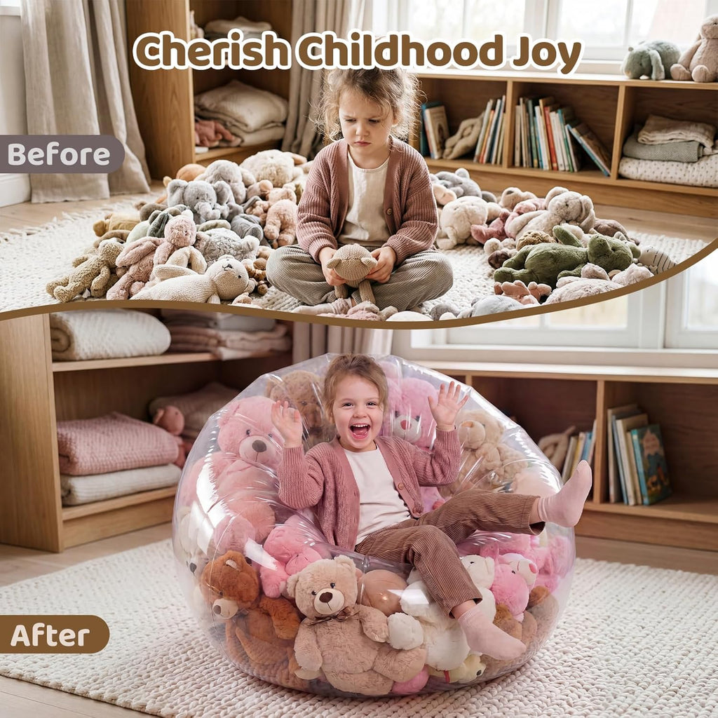 Clear Stuffed Animal Storage Bean Bag Chair, 37.01 x 38.19 Inch, 0.35mm Thick Waterproof PVC Toy Organizer, Plushies & Stuffy Storage, 330 LBS Heavy Duty Seat for Kids & Adults