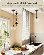 EDISHINE Modern Pendant Lights Kitchen Island 2 Pack, Hanging Light Fixture with Clear Glass Globe Shade, Hardwired Matte Black Adjustable Metal Rod for Bathroom, Dining Room, Bedroom