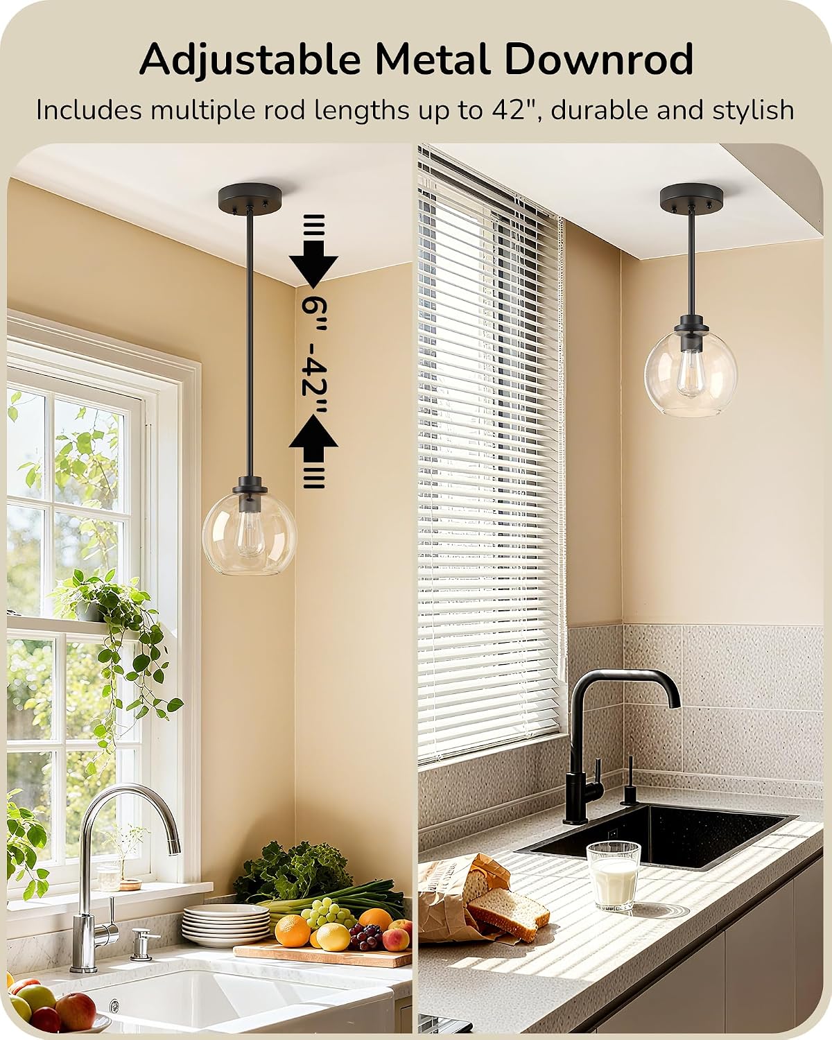 EDISHINE Modern Pendant Lights Kitchen Island 2 Pack, Hanging Light Fixture with Clear Glass Globe Shade, Hardwired Matte Black Adjustable Metal Rod for Bathroom, Dining Room, Bedroom