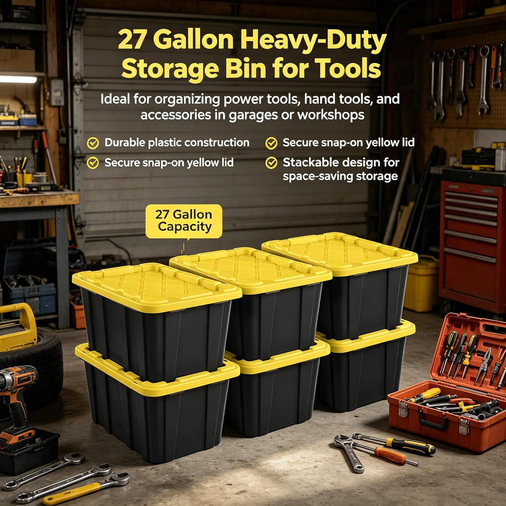 6 Pack, Large 27 Gallon Durable Plastic Storage Bin with Snap-On Lid, Storage Bin for Home Garage Organization, Black and Yellow