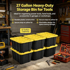 6 Pack, Large 27 Gallon Durable Plastic Storage Bin with Snap-On Lid, Storage Bin for Home Garage Organization, Black and Yellow