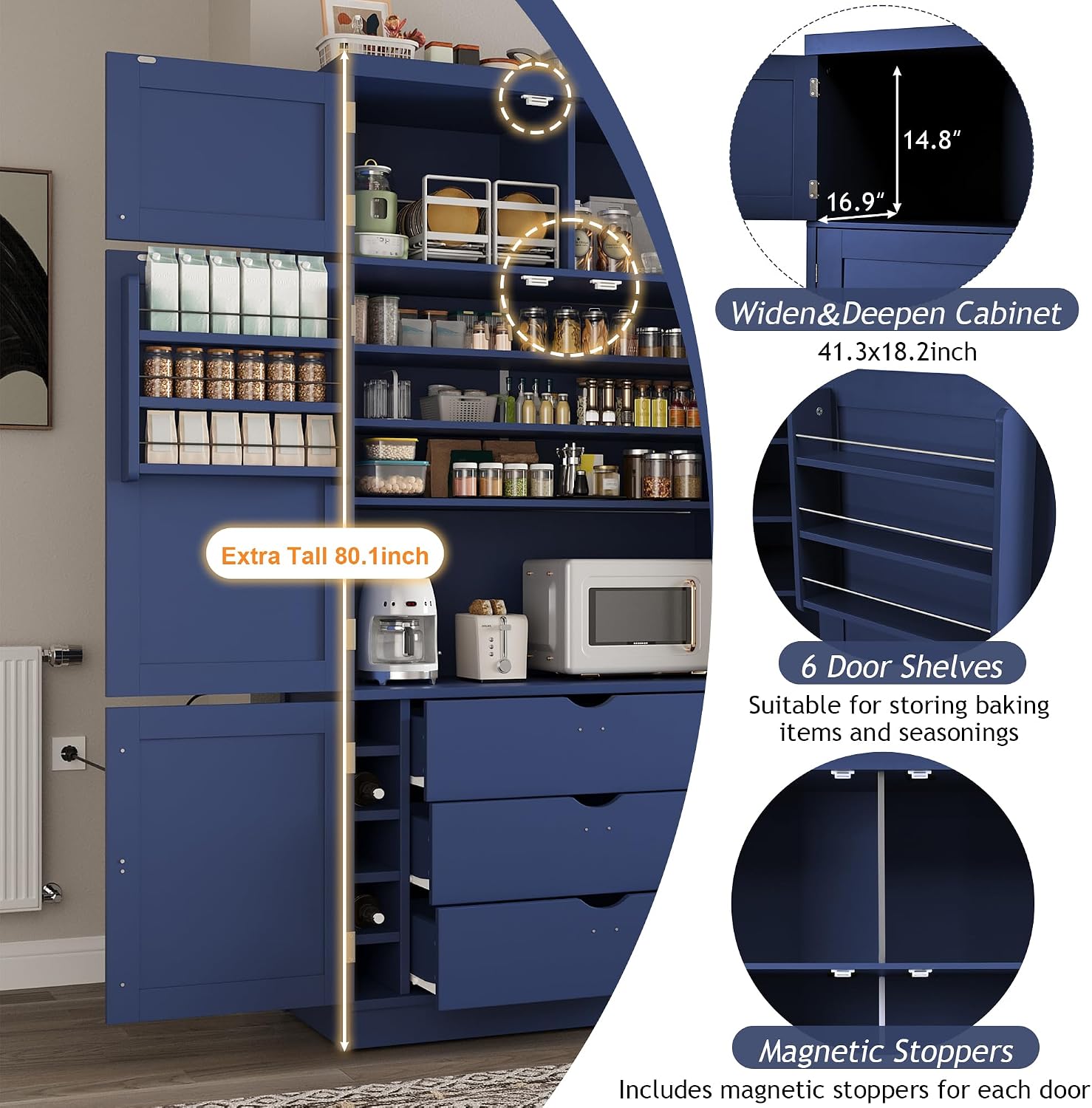 JIJIWANG 70.9" H Farmhouse Freestanding Kitchen Pantry Storage Cabinet with Drawers and Shelves, Buffet with 8 Pull-Out Trays and 4 Doors Blue