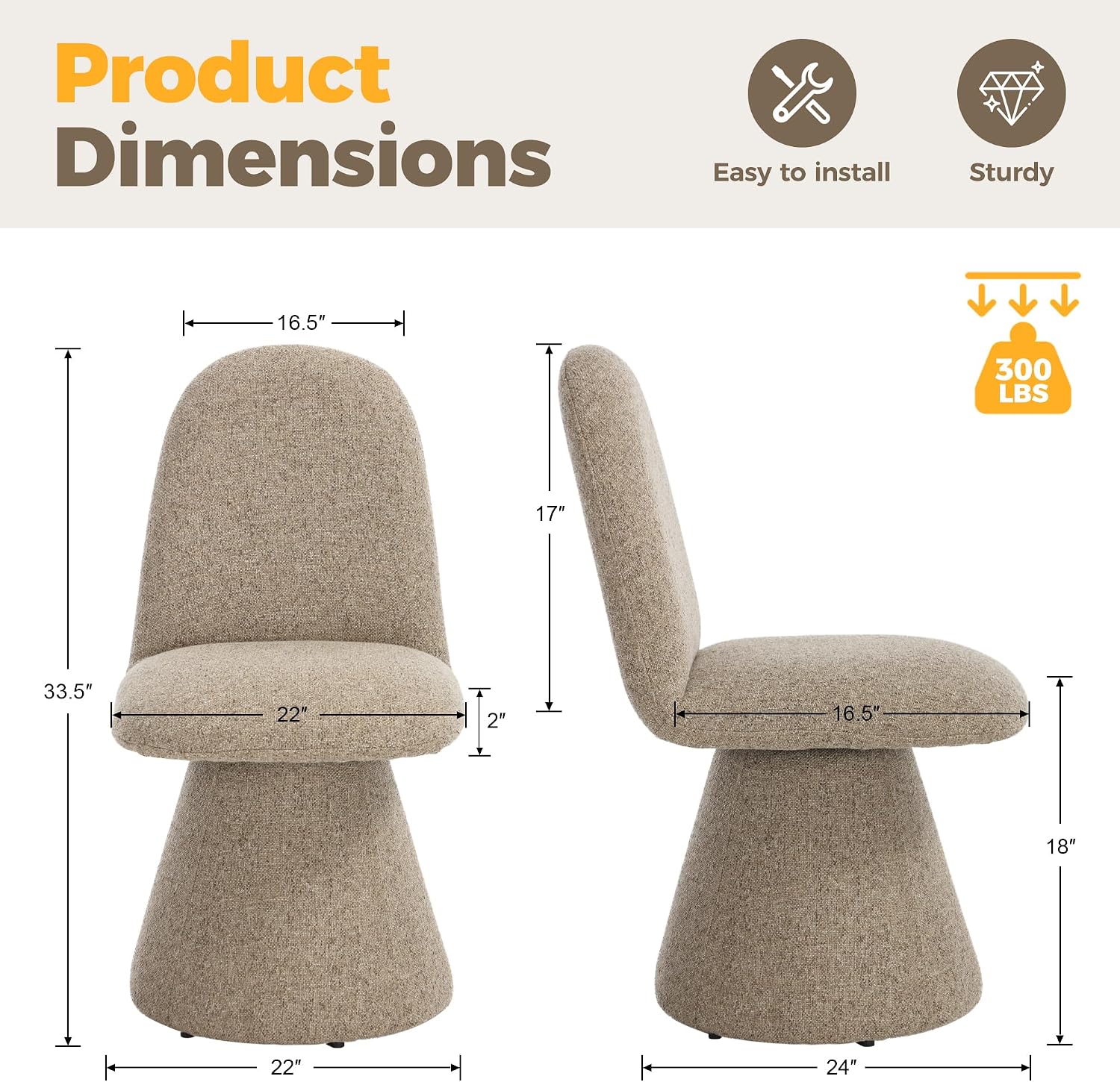 DUOMAY 360° Swivel Dining Chairs Set of 4, Mid Century Modern High Back Linen Upholstered Dining Room Chairs Kitchen Chairs, Armless Chair for Living Room Bedroom Reading, Khaki