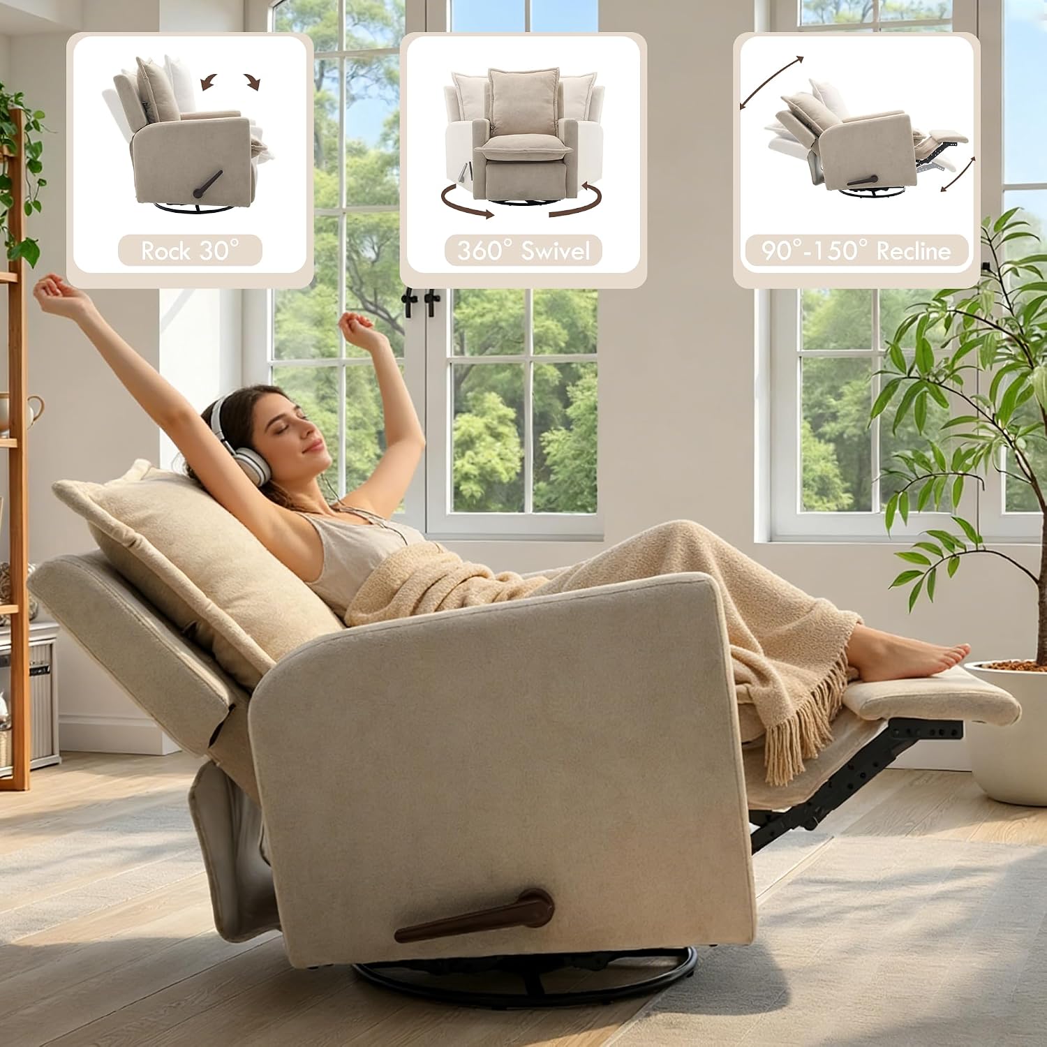 Nursery Glider Recliner Rocking Chair Modern Adult Nursery Recliner High Back Nursery Swivel Rocker Recliner for Living Room Bedroom Nursery and RV Beige