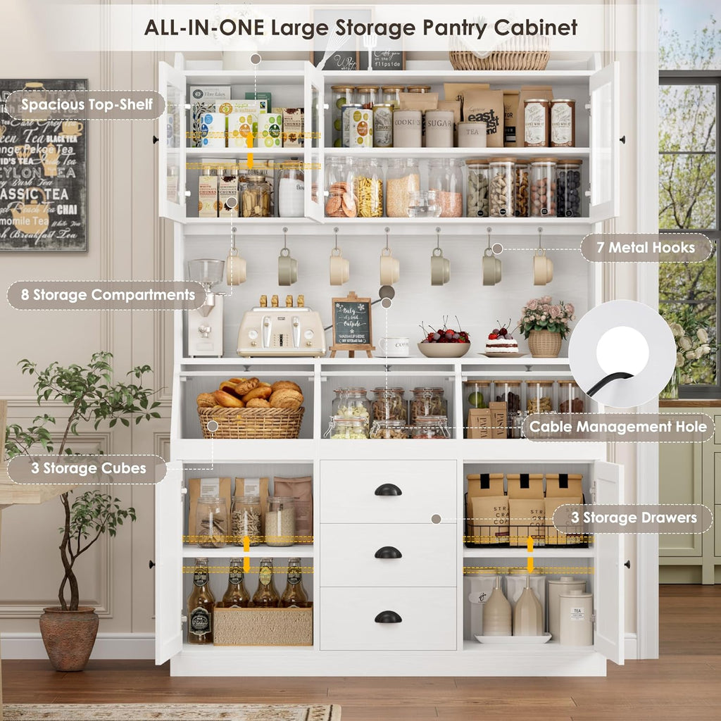HIFIT 71.4” H Farmhouse Pantry Cabinet with 3 Bread Boxes and 7 Metal Hooks, 47.2” Wide Kitchen Hutch Cabinet with Storage and Glass Doors, White
