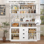 HIFIT 71.4” H Farmhouse Pantry Cabinet with 3 Bread Boxes and 7 Metal Hooks, 47.2” Wide Kitchen Hutch Cabinet with Storage and Glass Doors, White