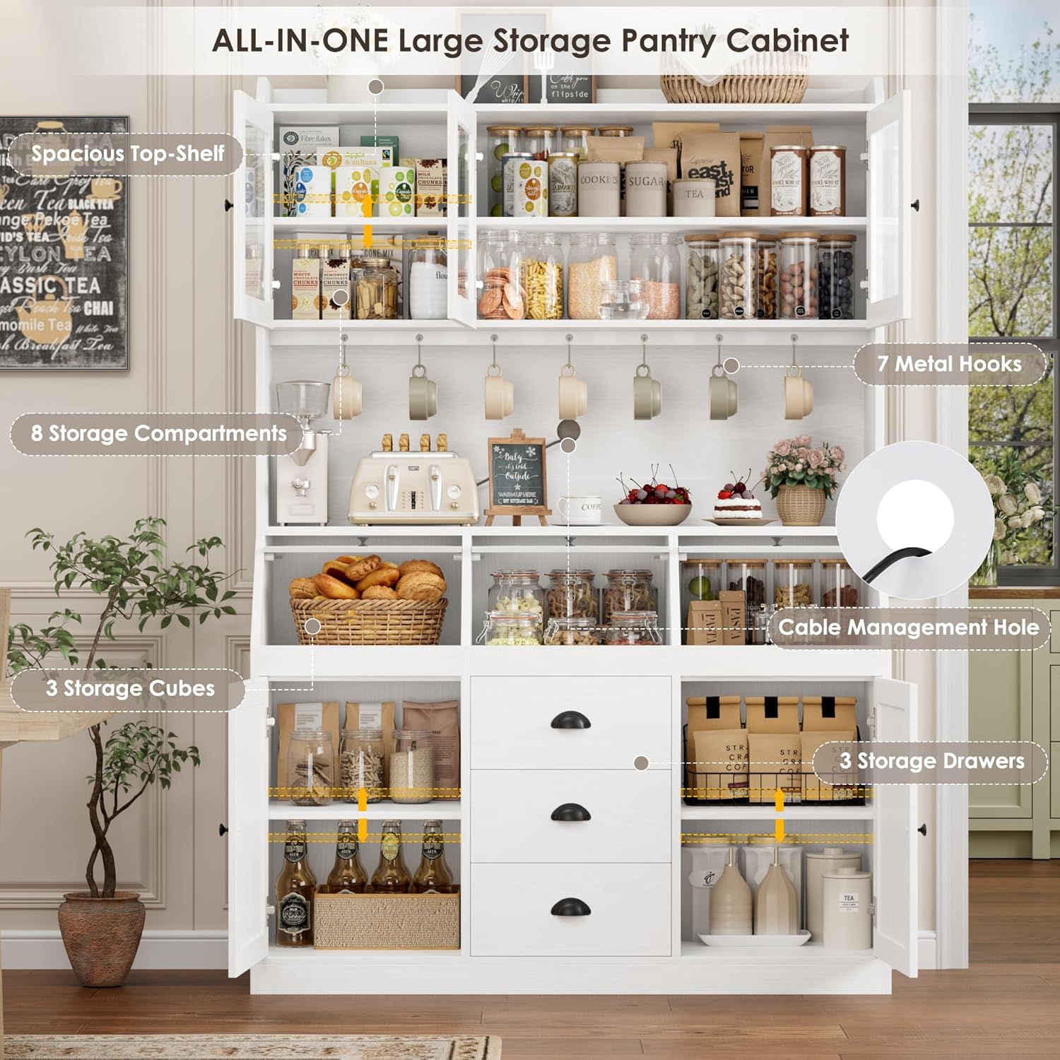 HIFIT 71.4” H Farmhouse Pantry Cabinet with 3 Bread Boxes and 7 Metal Hooks, 47.2” Wide Kitchen Hutch Cabinet with Storage and Glass Doors, White