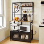Uieke Bakers Rack with Power Outlet and Storage, Kitchen Bakers Rack with Cabinet & 10 Hooks, Coffee Bar Cabinet, Microwave Stand, 5 Tiers Kitchen Storage Rack for Dining Room & Small Spaces, Black