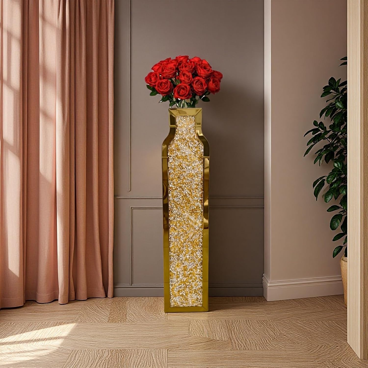 30" Tall Double Sided Crushed Diamond Vases, GoldLarge Mirrored Sliver Vase for Floor,Crystal MirrorDecorative Vase for Home,Office,Hotel (Gold, 6.8" L x 4.7" W x30 H)