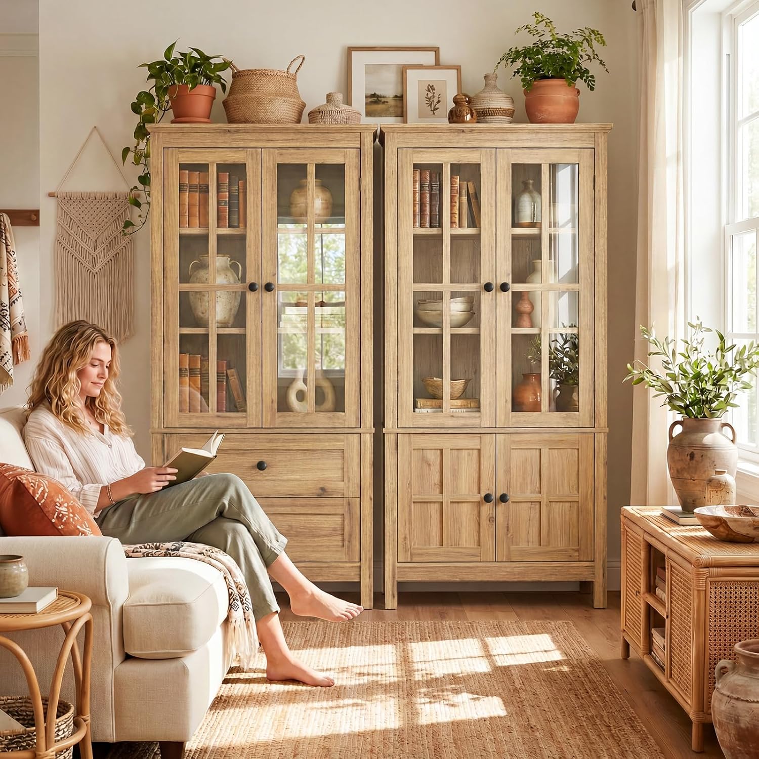 63" Tall Kitchen Pantry Cabinet Set of 2, Farmhouse Wood Storage Cabinet | Freestanding Kitchen Hutch Cupboard with 2 Drawers & Glass Doors & Adjustable Shelves for Dining Living Room (Yellow Oak)
