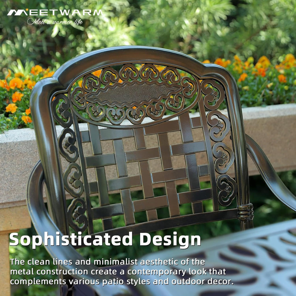 MEETWARM Outdoor Swivel Bar Stools Set of 2, All-Weather Cast Aluminum Bar Height Bistro Chairs with Footrest, High Back and Armrest, High Top Patio Bar Chairs with Cushion for Poolside Deck Backyard