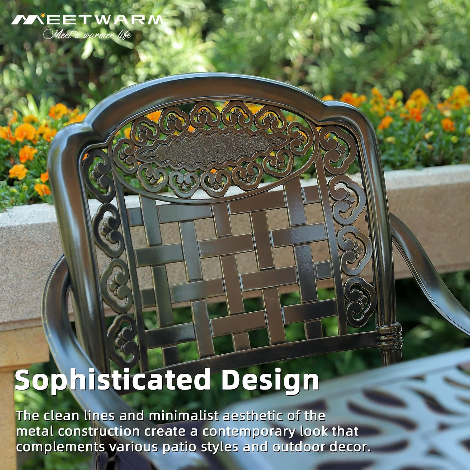 MEETWARM Outdoor Swivel Bar Stools Set of 2, All-Weather Cast Aluminum Bar Height Bistro Chairs with Footrest, High Back and Armrest, High Top Patio Bar Chairs with Cushion for Poolside Deck Backyard