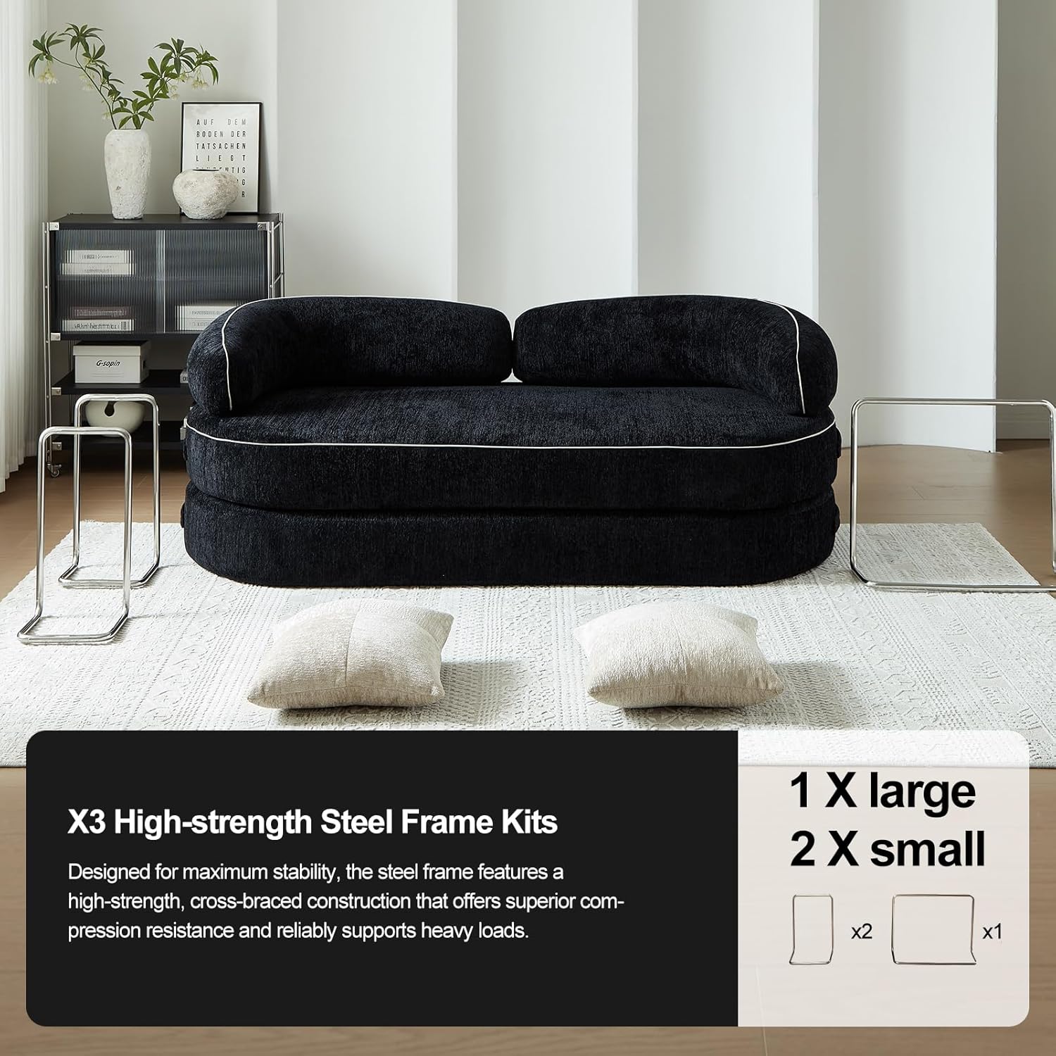 78" Convertible Sofa Couch Bed, 4-in-1 Modular Foldable Sleeper Couch No Assembly - Corduroy Futon Memory Foam Couch with Washable Covers & 2 Pillows, Compressed Boneless Couch for Living Room, Black