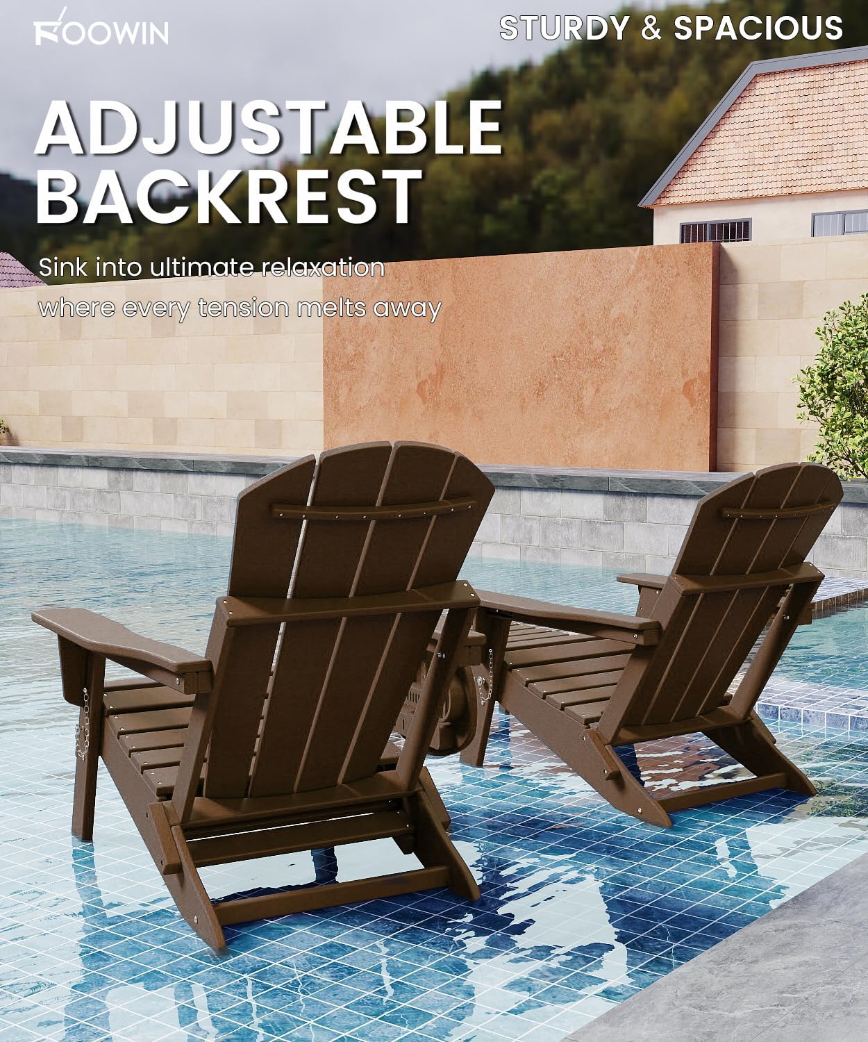 FOOWIN Folding Adjustable Adirondack Chair with Retractable Ottoman Set of 2, HDPE Adirondack Chair w/4 in 1 Cup Holder Trays,All-Weather Resistant Fire Pit Chair for Outdoor Patio Lawn, Coffee