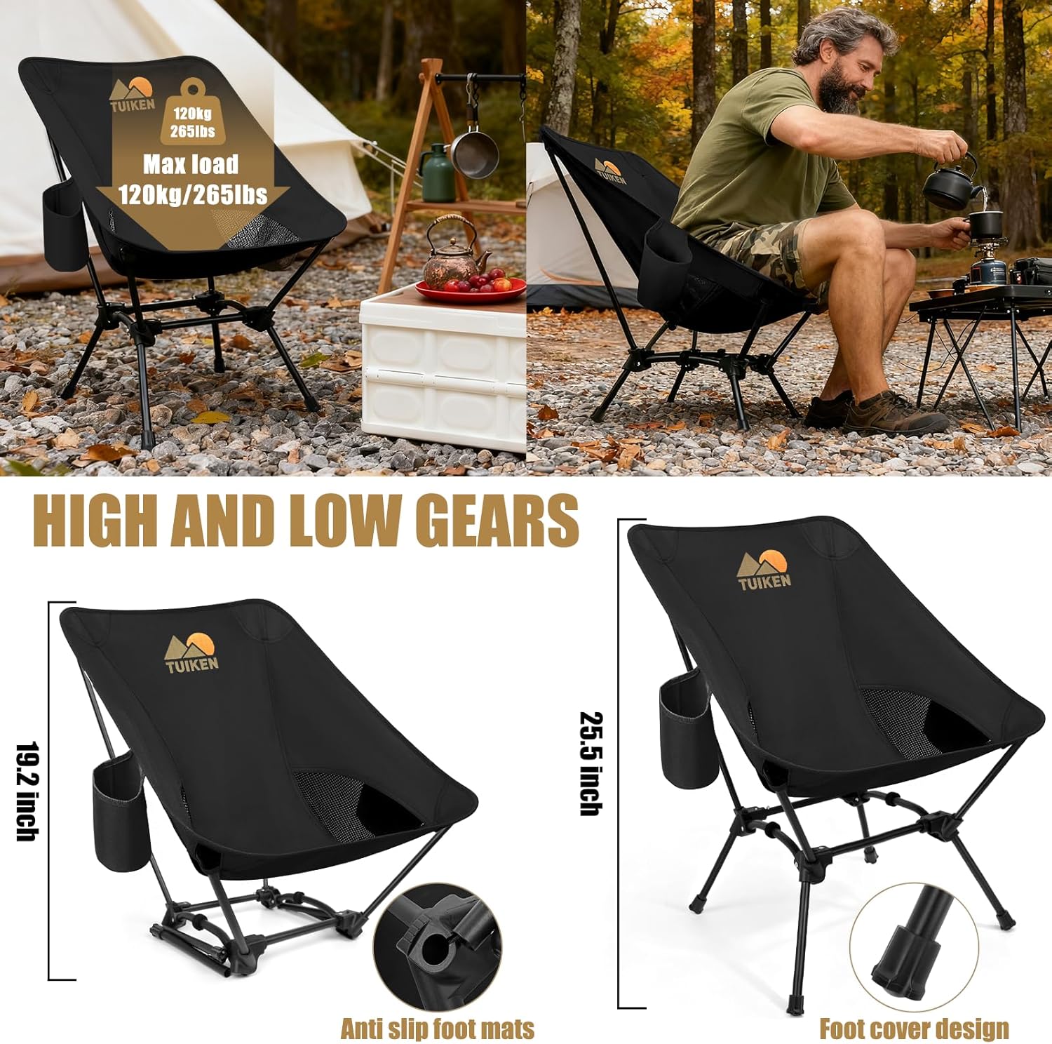 Ultralight Camping Chair Backpacking Chair, Portable Camp Chair with Cup Holder & Storage Bag, Lightweight Compact Folding Chair for Hiking, Travel, Picnic Mountaineering（Deep Black）