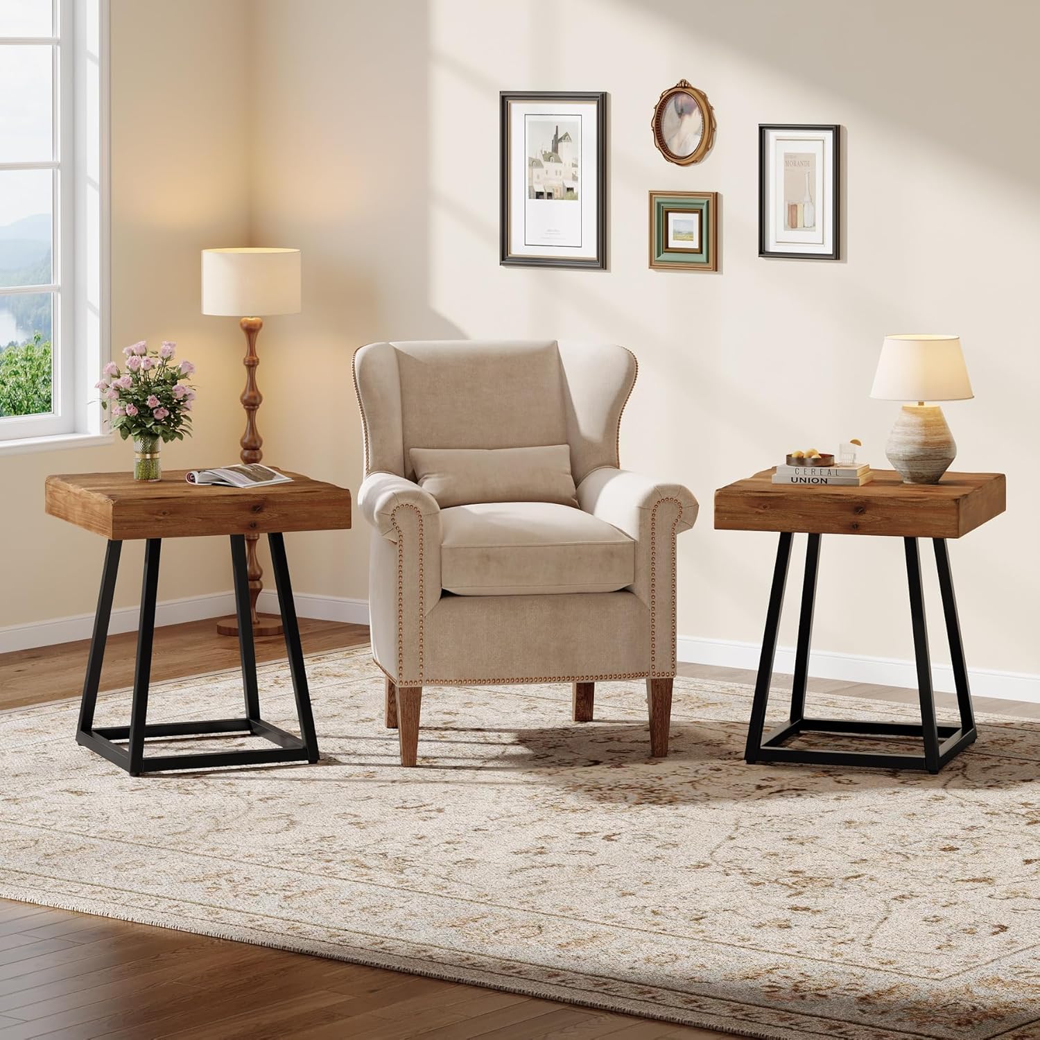 2pcs Solid Wood End Table, 19.7" Square Side Table with Metal Frame, Industrial Nightstand for Living Room, Bedroom, Small Spaces