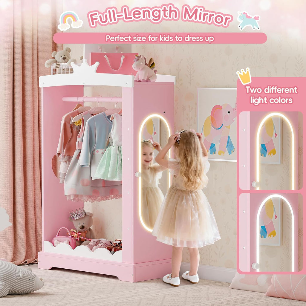 Xilingol Kids Armoire with Jewelry Cabinet, Dress up Storage with Mirror, Princess Dress Closet and Costumes Wardrobe Closet, Costume Organizer for Bedroom, Kids Room, Girls (Pink)