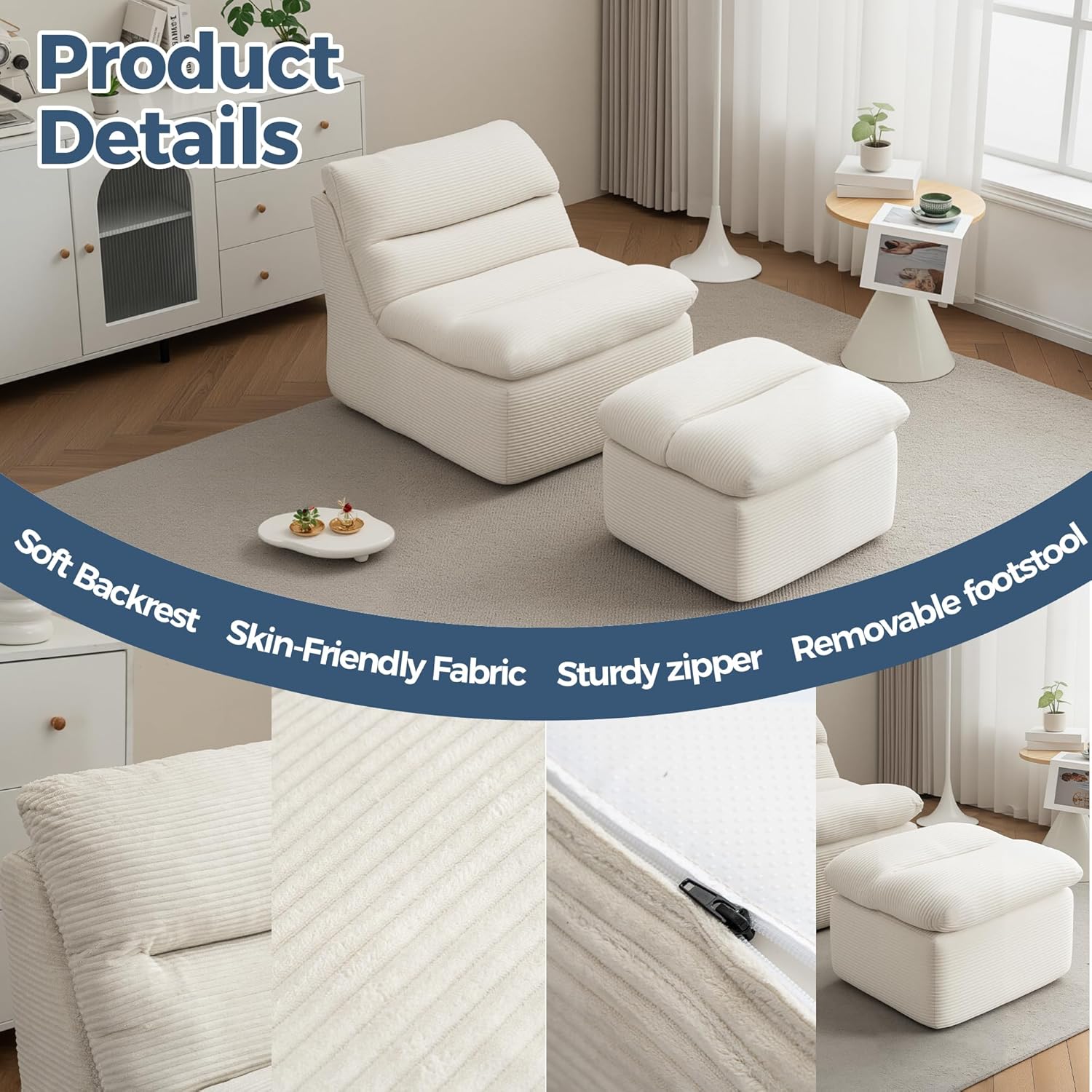 38" Bean Bag Chair with Ottoman, Big Corduroy Chaise Lounge Chairs for Adults, Tufted Upholstered Lazy Sofa for Living Room, Bedroom, Balcony, Beige
