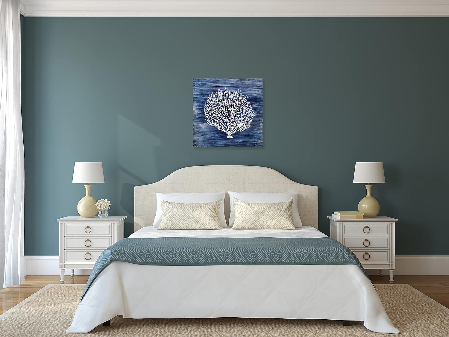 Yihui Arts Navy Blue Canvas Wall Art Hand Painted White Coral Painting Modern Abstract Tree Pictures Coastal Artwork for Bedroom Living Room Bathroom Decor